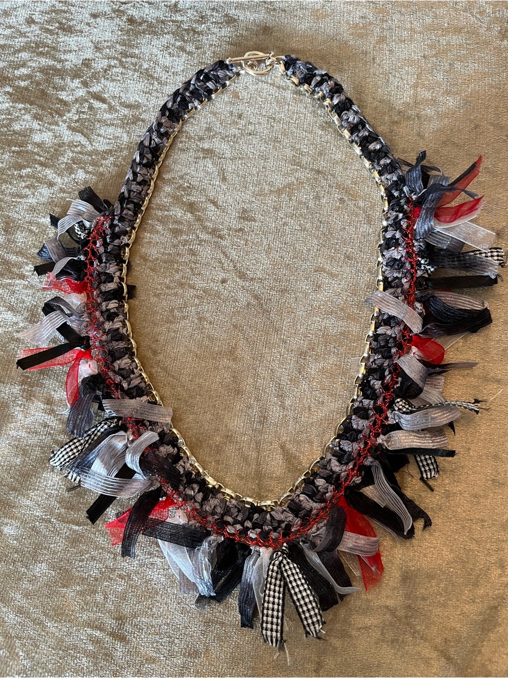 Fringe Ribbon Necklace in Black, Gray and Red on Silvery/Fiber Braided Chain